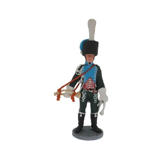 3D model of a French Hussar soldier in uniform, holding a trumpet, standing on a circular base.