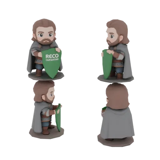 Un rendering 3D di una miniatura Cavaliere Chibi che tiene uno scudo verde con testo 'RECO ГАРАНТИЯ'.