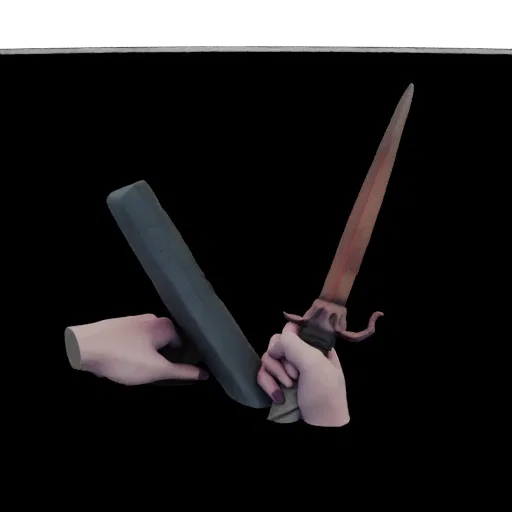 3D model of an ornate dagger with a detailed hilt and a matching scabbard, presented against a black background.