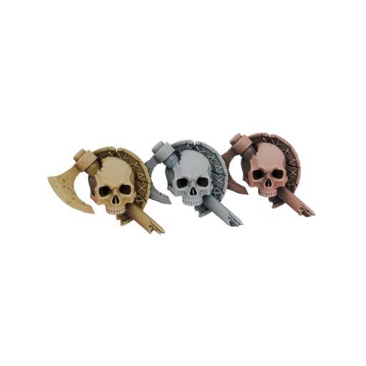 3D model of a Viking skull with crossed axes and runic shield in bronze, silver, and gold finishes