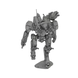 3D model of a gray, heavy assault mech with two large gatling cannons mounted on its shoulders, standing on a small base.