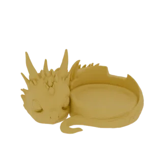 A 3D render of a sleeping baby dragon curled around a small dish, with its head resting on its body.