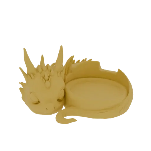 Un rendering 3D di un drago bambino dormiente raggomitolato attorno a un piccolo piatto, con la testa appoggiata sul corpo.