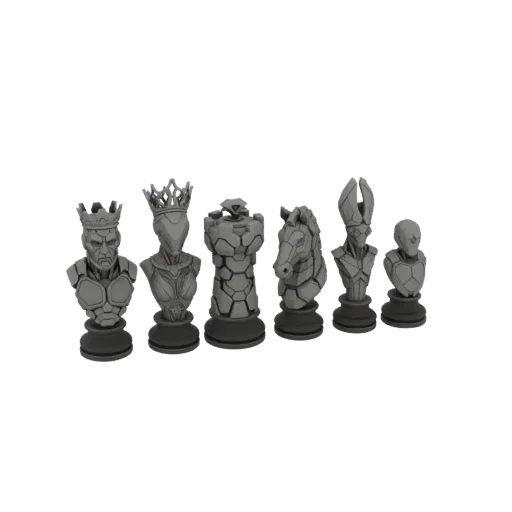 A collection of six 3D rendered sci-fi chess pieces: King, Queen, Rook, Knight, Bishop, and Pawn, depicted as detailed busts