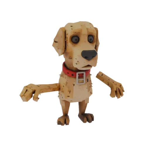 Creepy low-poly PS1 golden retriever with dull eyes and red collar, standing in A-pose.