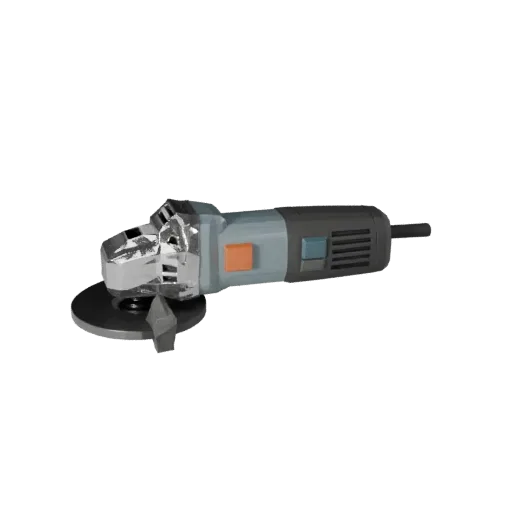 Contractor Angle Grinder Low Poly 3D model, game viewport three-quarter view, showing molded plastic, ergonomic handles.