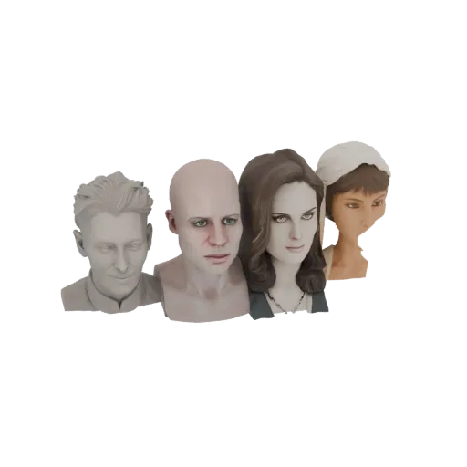 Ein 3D-Rendering, das eine Sammlung von vier diversen menschlichen Büsten mit einzigartigen Frisuren und Gesichtszügen vor ei