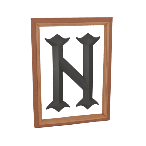 3D model of an angular monogram in a wooden frame, designed in a gothic style.