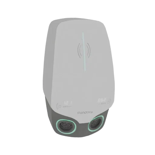 3D model of a modern smart home charging station with a light gray body, dark gray base, two digital displays, and green illu