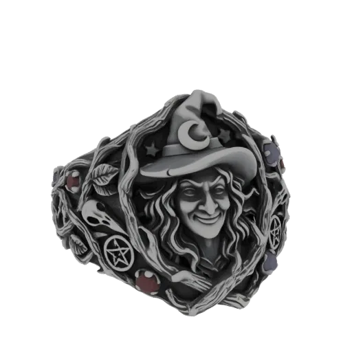 3D model of a gothic witch ring with a detailed witch face, skull, pentagram, and thorny vine accents.