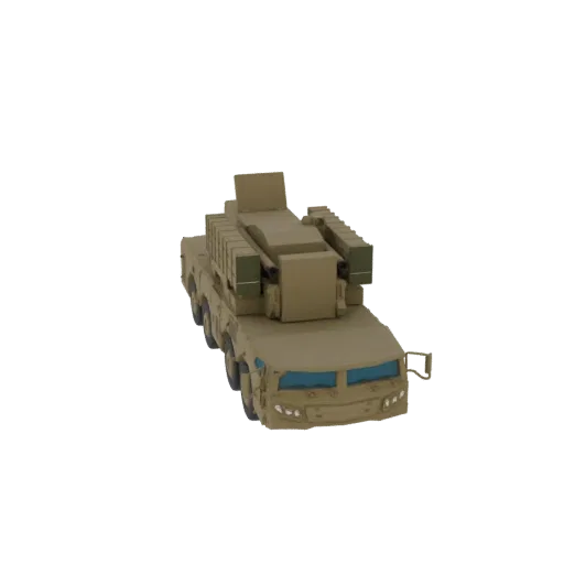 Modèle 3D d'un camion lance-missiles mobile de couleur sable avec plusieurs pods de missiles, vu sous un angle de trois quart