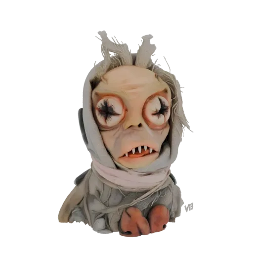 3D model render of a creepy creature doll with pale skin, large dark eyes, sharp teeth, and tattered cloth wrappings.