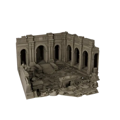 Ancient Temple Courtyard Unity 3D model, isometric viewport view, showing aged stone, built remnants.