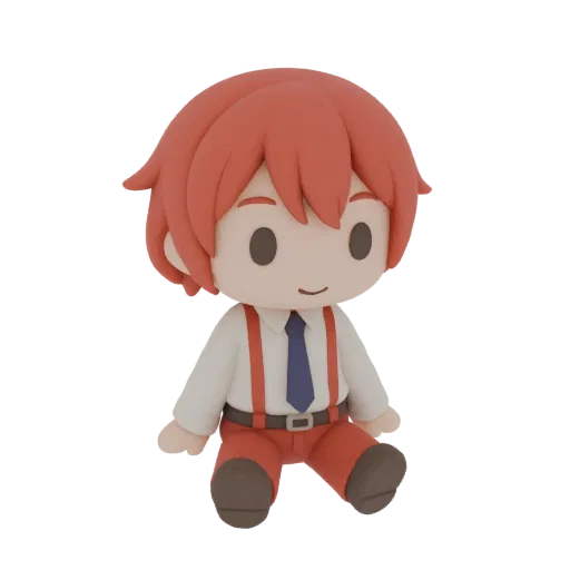 3D model of a chibi boy with red hair, wearing a white shirt, blue tie, and red suspenders, sitting down.