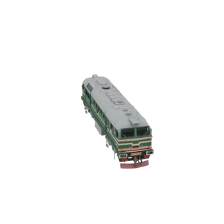 Um modelo 3D de uma locomotiva diesel verde, visto de um ângulo ligeiramente elevado, mostrando seu exterior detalhado.