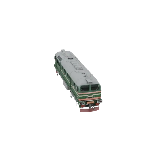 A 3D model of a green diesel locomotive, viewed from a slightly elevated angle, showcasing its detailed exterior.
