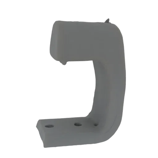 Renderização do modelo 3D de um suporte em U cinza com três furos de montagem visíveis em sua base.