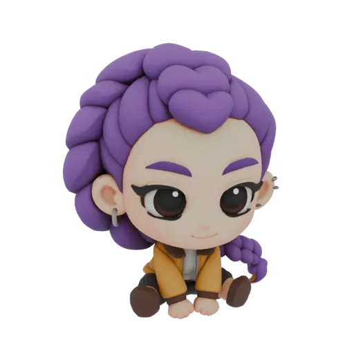 3D-Modell eines süßen Chibi-Mädchens mit voluminösem lila Haar, das eine gelbe Jacke trägt und lächelt.