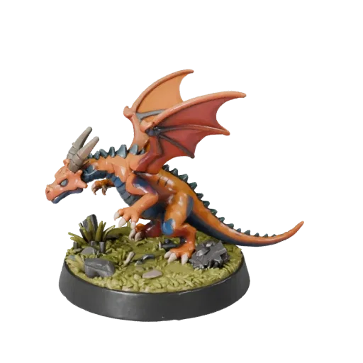 Dragon Miniature stylized 3D model preview showing silhouette, three-quarter game view, pose and resin detail
