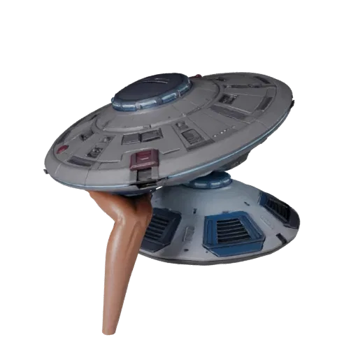 Modello 3D Modulare UFO, vista isometrica del kit modulare, con strisce emissive, silhouette di prop marcata.