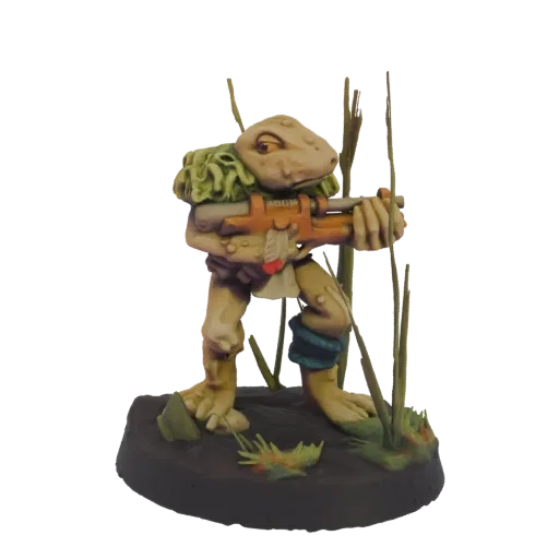 3D model of a reptilian sniper with a rifle, standing in reeds on a textured base.