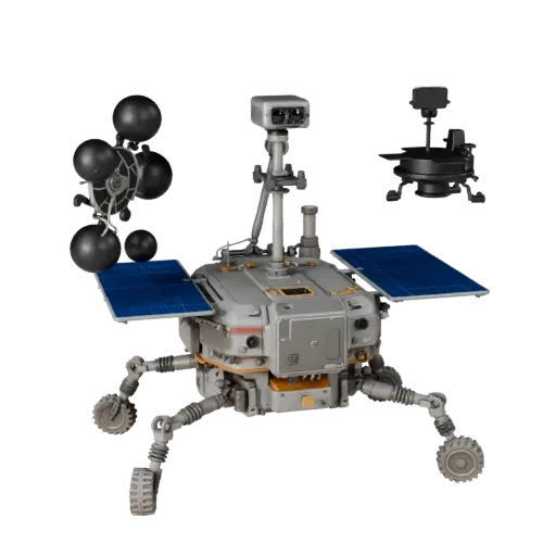 Modèle 3D du module lunaire Prospecteur, vue trois-quarts avant, viewport Unreal Engine, montrant les roues poussiéreuses, le