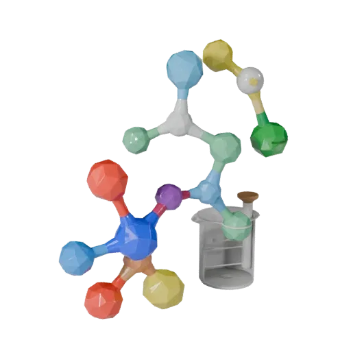 Protein Molecule Set Low Poly 3D model, game viewport three-quarter view, showing colored spheres, molecule layout.