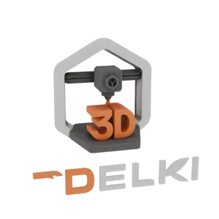 Un rendering 3D di una stampante 3D con telaio e base grigi, che stampa lettere '3D' arancioni, con il logo 'DELKI' sottostan