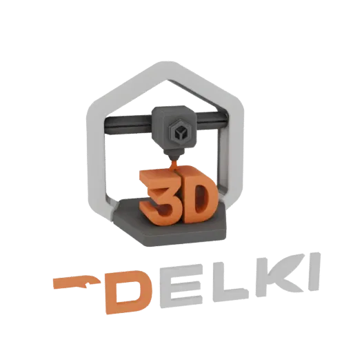 Un rendering 3D di una stampante 3D con telaio e base grigi, che stampa lettere '3D' arancioni, con il logo 'DELKI' sottostan