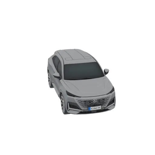 A 3D model of a modern silver SUV viewed from a high-angle, front-right perspective against a black background.