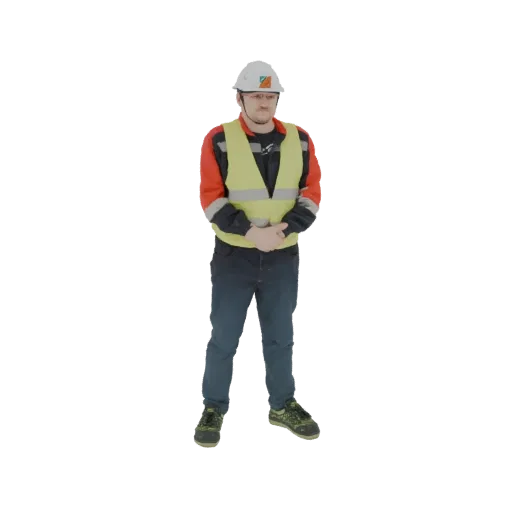 Modello 3D operaio edile maschio con casco bianco e gilet alta visibilità giallo, mani giunte.