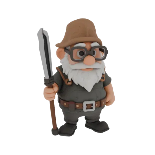 3D model of a warrior garden gnome with glasses holding a sword, in a clay toy style
