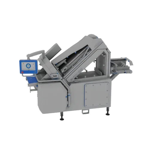 3D model of a gray and blue industrial automated slicing machine with a touchscreen interface, set against a black background