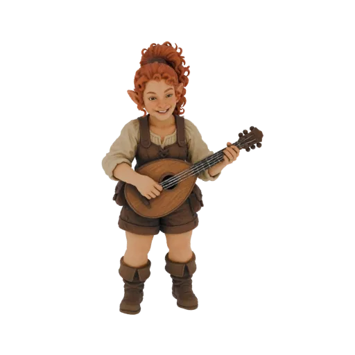 3D model of a cheerful gnome bard with red hair, wearing leather overalls and playing a lute, isolated on a white background.