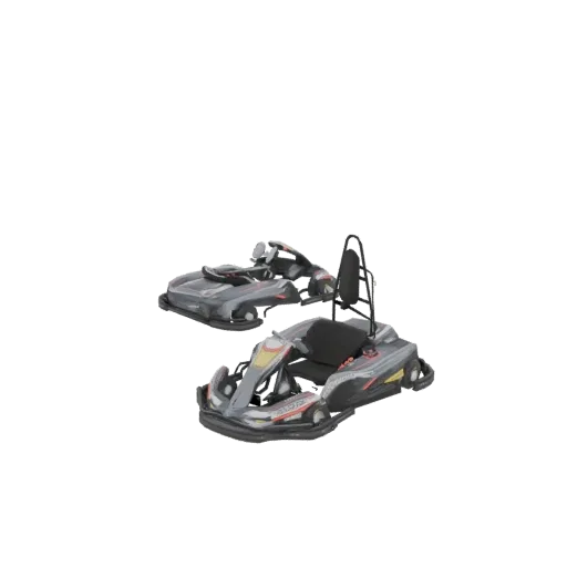 Ein detailliertes 3D-Modell eines grauen Rennkarts mit roten und gelben Akzenten, von vorne im Dreiviertelblick.