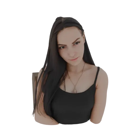 Modèle 3D d'une jeune femme aux longs cheveux sombres, portant un débardeur noir, regardant légèrement sur le côté.