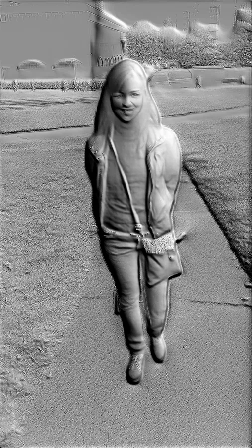 Modelo 3D de bajorrelieve de joven con chaqueta y vaqueros, de pie en la calle.
