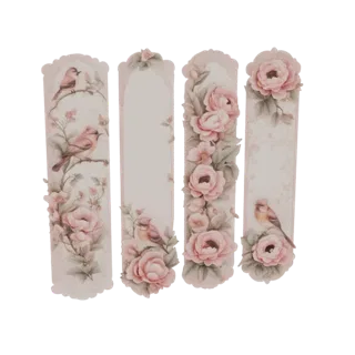 Uma renderização 3D de quatro marcadores de livro estilo vintage, cada um decorado com rosas cor-de-rosa e pequenos pássaros,