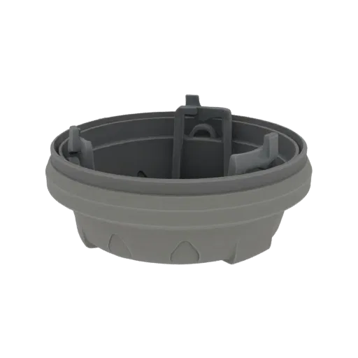 3D model of a grey industrial gearbox housing with visible internal structures and external mounting points.
