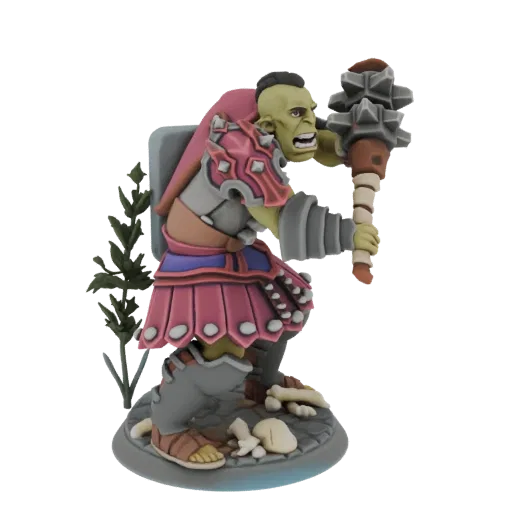 Modello 3D di un feroce guerriero orco con pelle verde, che indossa un'armatura dettagliata e un mantello rosa, brandendo una