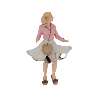 3D model of a blonde woman in a retro pink shirt and white skirt, holding a textured bag, posed dynamically.