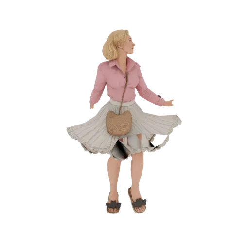 3D model of a blonde woman in a retro pink shirt and white skirt, holding a textured bag, posed dynamically.