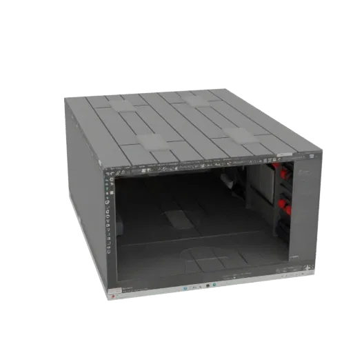 3D-Modell einer modernen, offen gestalteten Server-Rack-Einheit mit grauer Verkleidung und sichtbaren internen Komponenten.