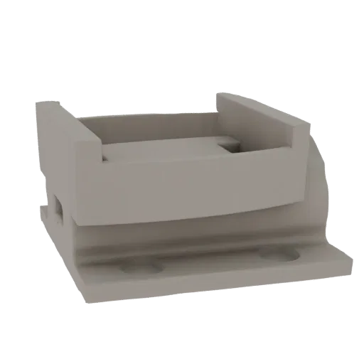 3D model render of a grey industrial cable clamp with mounting holes and a secure clamping mechanism.