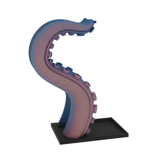 3D model of a pink to blue gradient tentacle with suction cups, curving upwards from a black base.