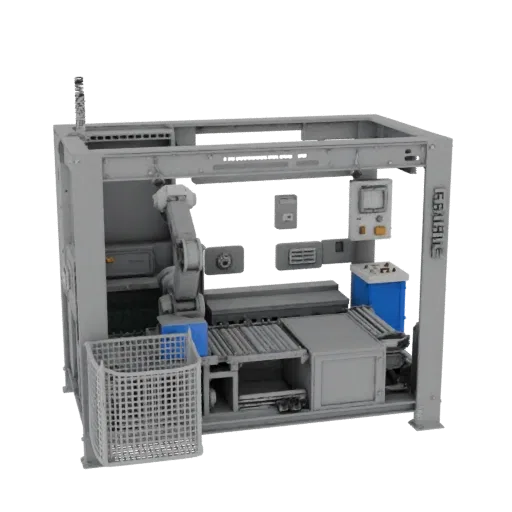 Packaging Robot Cell Printable 3D model, isometric STL render, showing painted steel, machine stations.