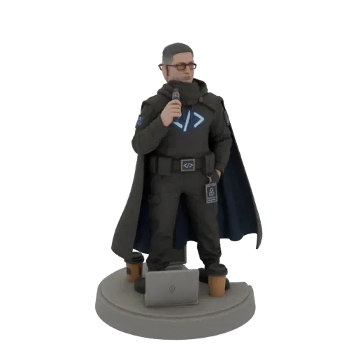 Modello 3D di un personaggio hacker con mantello, che tiene un vape, con laptop e tazze di caffè su una base.