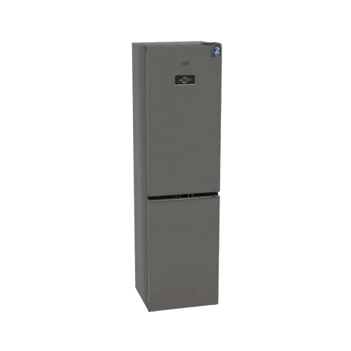 3D model of a modern grey two-door refrigerator with a digital display on the upper door, set against a white background.