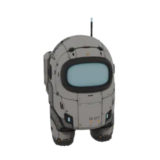 3D model of a futuristic sci-fi astronaut mech suit with a grey and orange color scheme and a large visor.