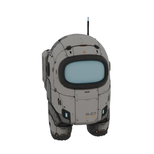 3D model of a futuristic sci-fi astronaut mech suit with a grey and orange color scheme and a large visor.